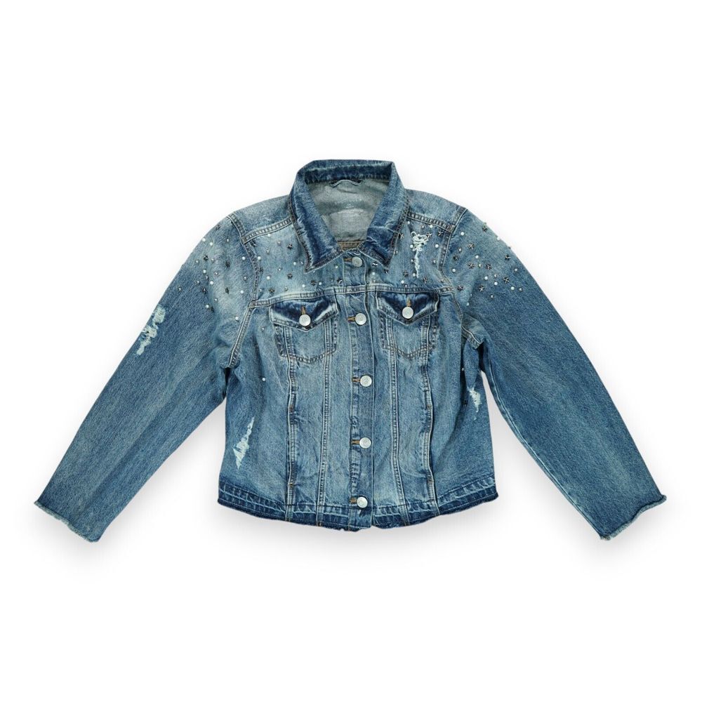 Boutique Women's Denim Jacket Embellished Pearls and Stars Size 1X Long Sleeve